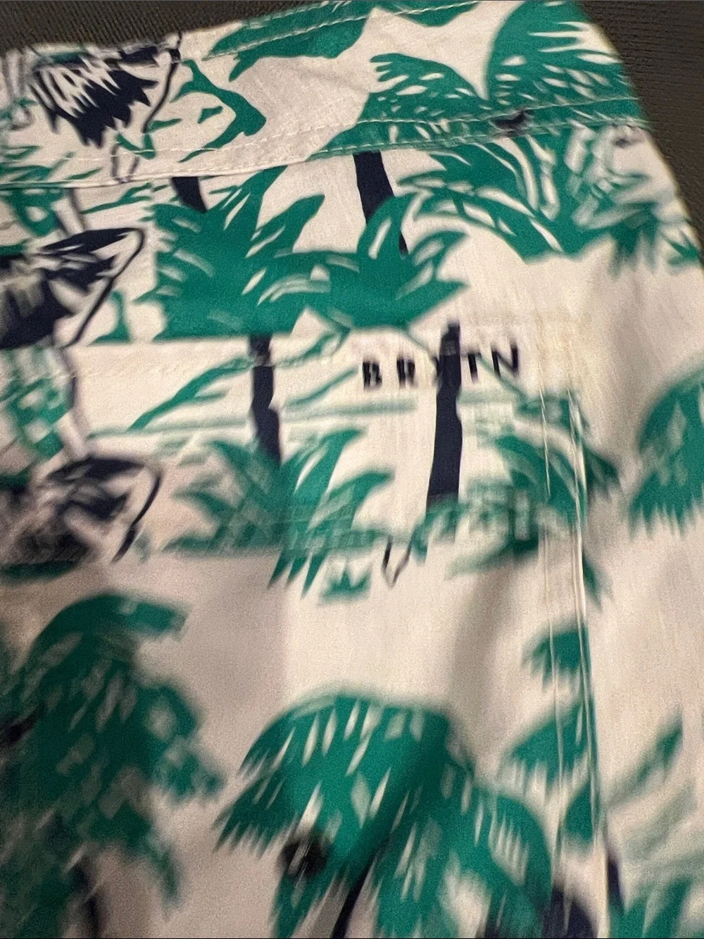 Brixton Cream Swim Shorts with Teal Palm Print and Navy Trim